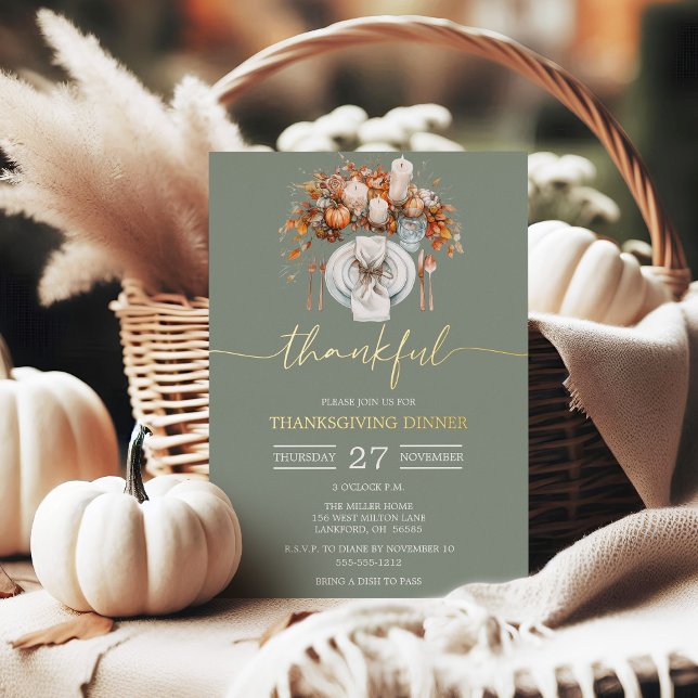 Gold Foil Script Thankful Thanksgiving Dinner (Thankful Script Thanksgiving Dinner Invitation with Watercolor Place Setting)