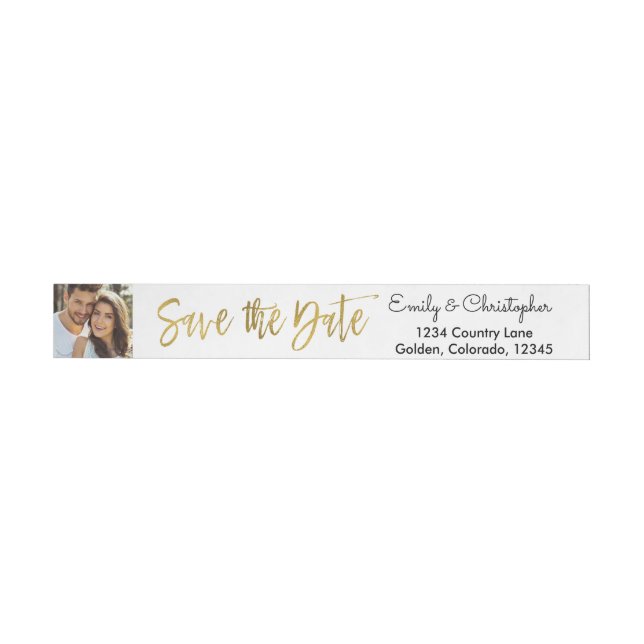 Gold Foil Script Wedding Save the Date Photo Wraparound Address Label (Individual)