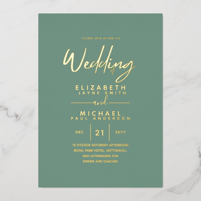 GOLD FOIL Sea Glass Green Modern All-in-1 Wedding (Front)
