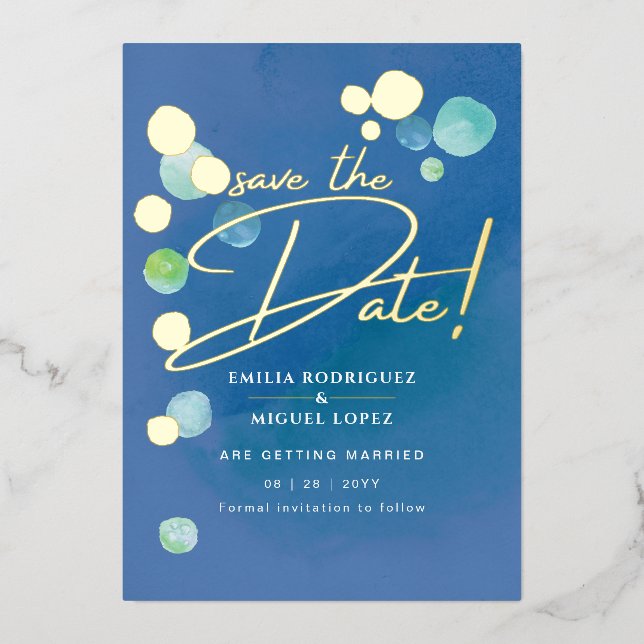 Gold Foil Sea Glass Teal Blue Wedding Dave Date (Front)
