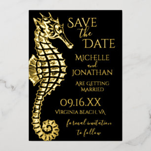 Gold Foil Seahorse Beach Wedding Save the Date