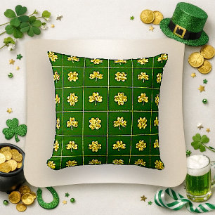 Gold Foil Shamrock Green Grid Pattern Throw Pillow