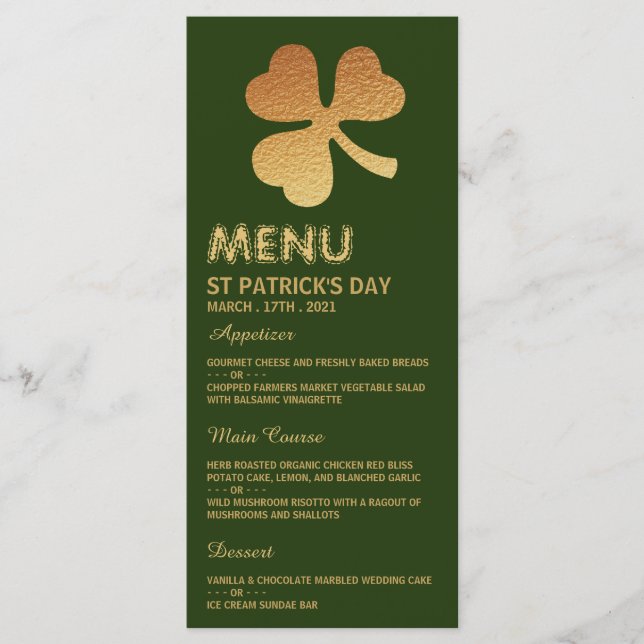 Gold Foil Shamrock, St Patrick's Day Menu Card (Front)