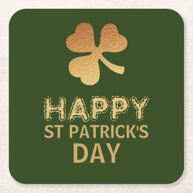 Gold Foil Shamrock, St Patrick's Day Square Paper Coaster (Front)