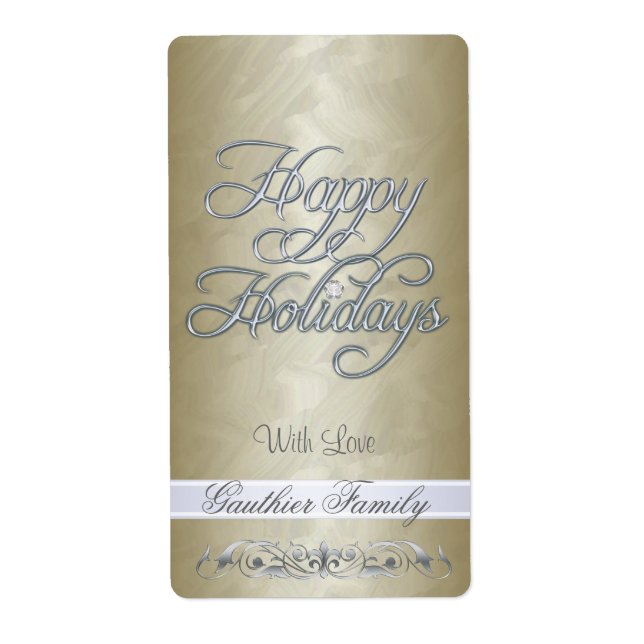 Gold Foil Silver Scroll Happy Holidays Wine (Front)
