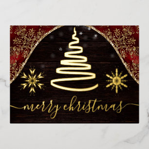 Gold Foil Snowflakes and festive tree Christmas Holiday Postcard