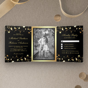Gold Foil Stars Confetti Black Wedding Tri-Fold Invitation