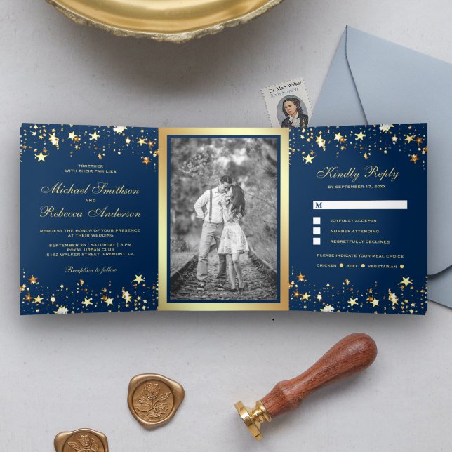 Gold Foil Stars Confetti Navy Blue Wedding Tri-Fold Invitation (Creator Uploaded)
