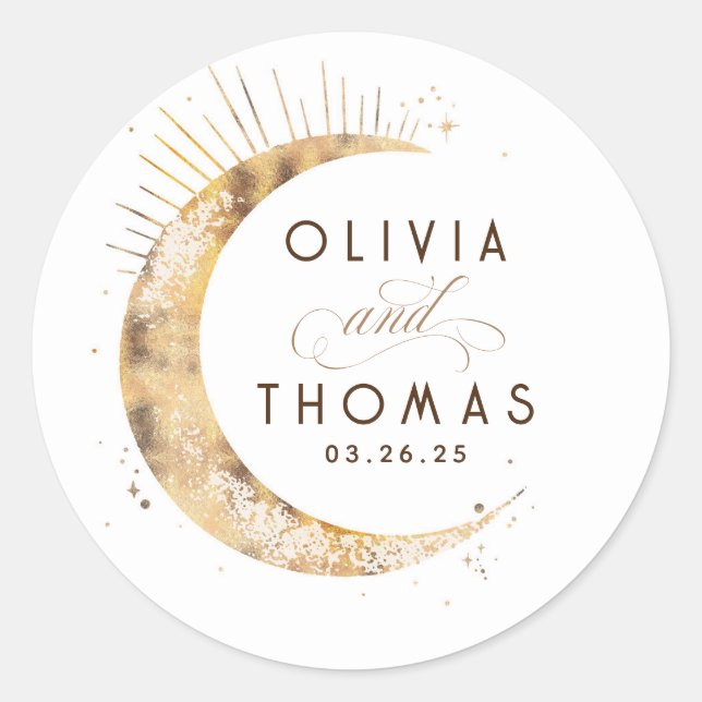 Gold Foil Stars Mystical Celestial Wedding Classic Round Sticker (Front)