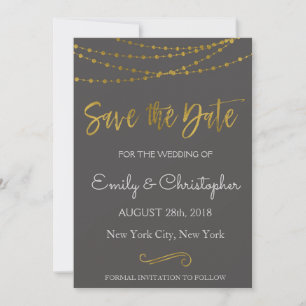 Gold Foil String Lights and Script Save the Date