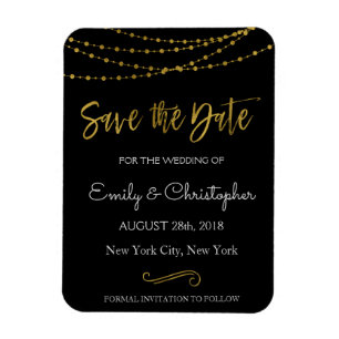 Gold Foil String Lights and Script Save the Date Magnet