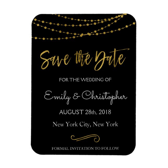 Gold Foil String Lights and Script Save the Date Magnet (Vertical)