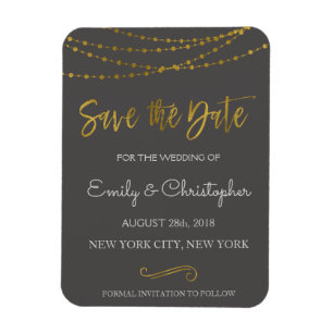 Gold Foil String Lights and Script Save the Date Magnet