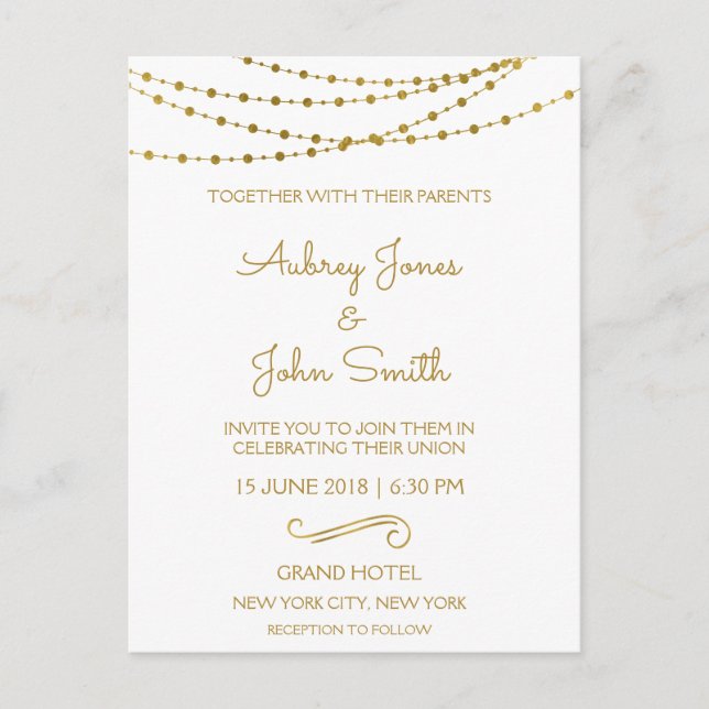 Gold Foil String Lights and Script Wedding Postcard (Front)