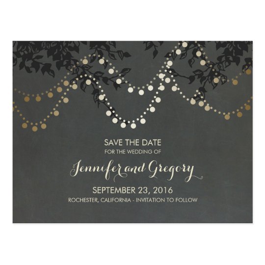 Gold Foil String Lights Save the Date Postcard