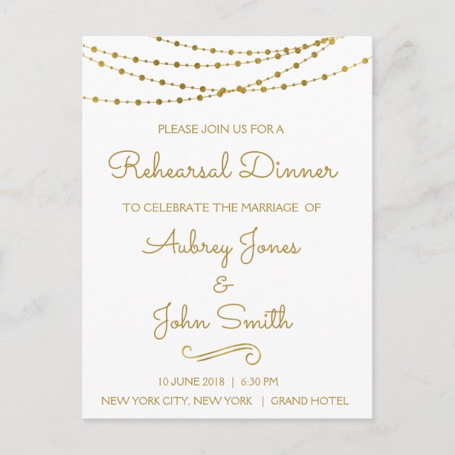 Gold Foil String Lights & Script Rehearsal Dinner Invitation Postcard (Front)