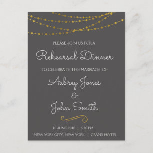 Gold Foil String Lights & Script Rehearsal Dinner Invitation Postcard