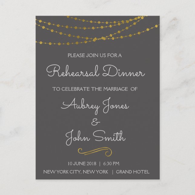 Gold Foil String Lights & Script Rehearsal Dinner Invitation Postcard (Front)