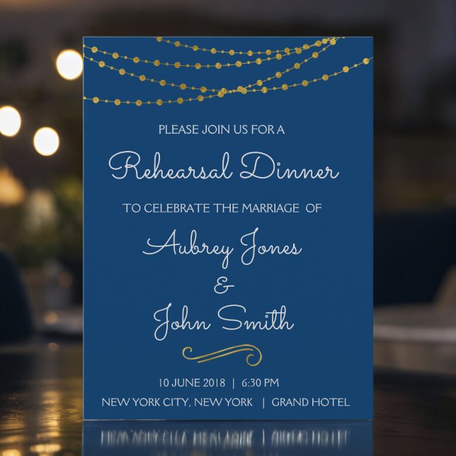 Gold Foil String Lights & Script Rehearsal Dinner Invitation Postcard (Creator Uploaded)