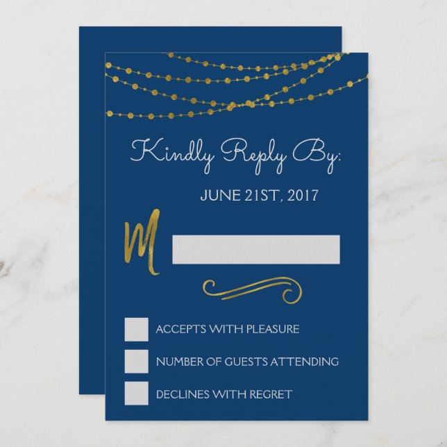Gold Foil String Lights & Script RSVP Reply Card (Front/Back)