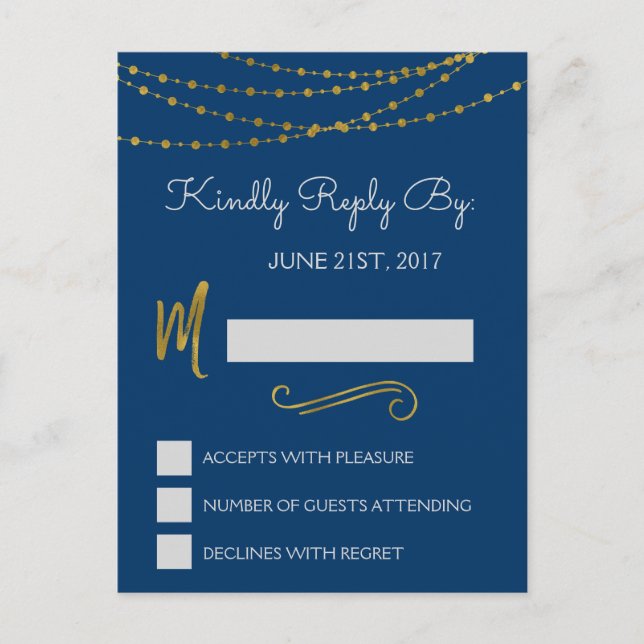 Gold Foil String Lights & Script RSVP Reply Card (Front)