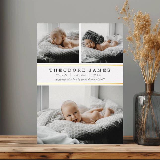 Gold Foil Stripe 3 Photo Birth Announcement (Creator Uploaded)