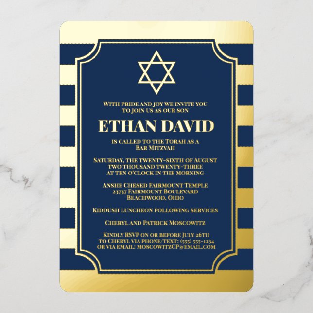 Gold Foil Striped Bar Mitzvah Invite with Star (Front)