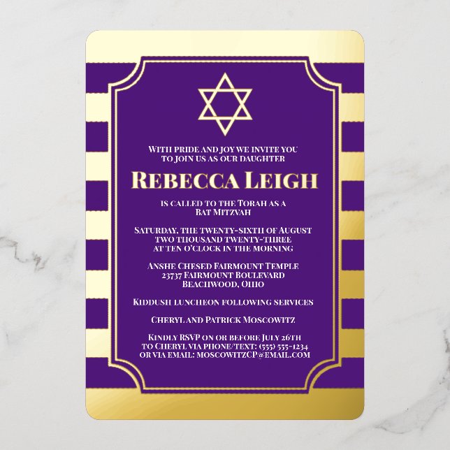 Gold Foil Striped Bat Mitzvah Invite with Star (Front)