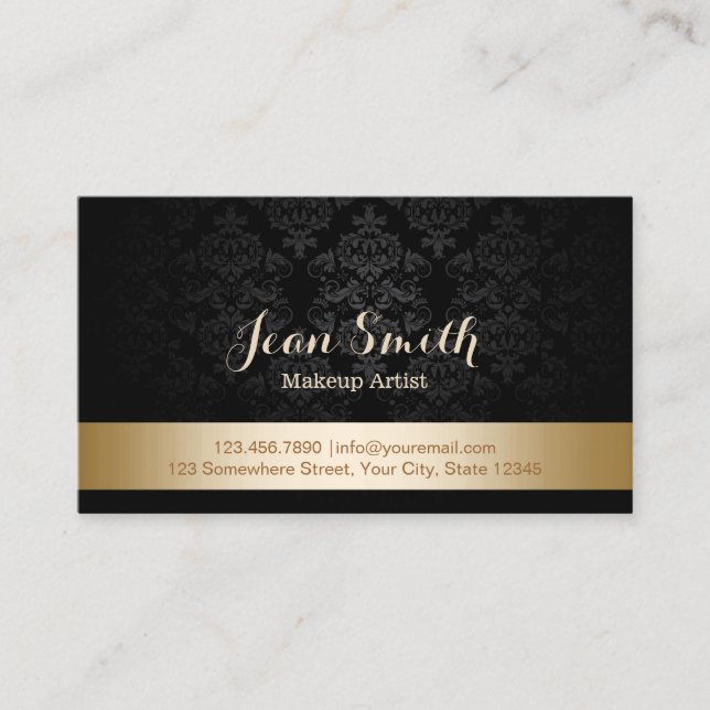 Gold Foil Striped Damask Makeup Artist Business Card (Front)