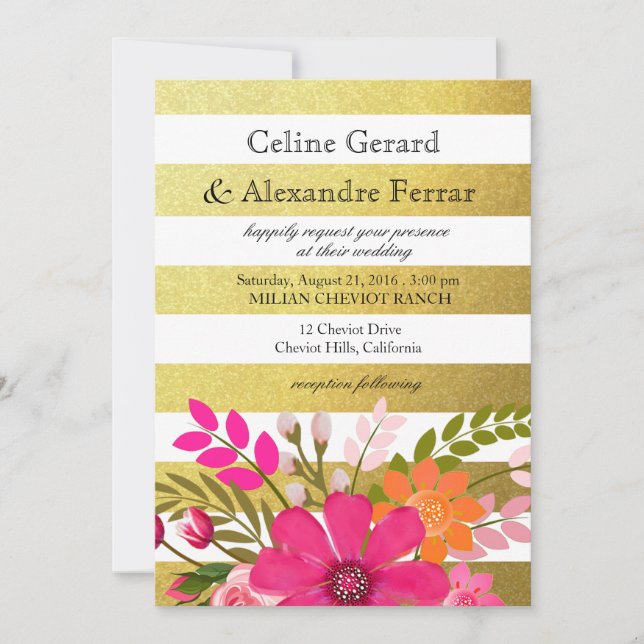 Gold Foil Striped Folklore Flowers Wedding fuchsia Invitation (Front)