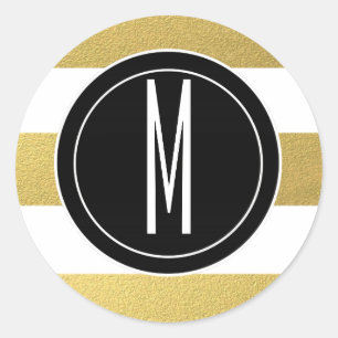 GOLD FOIL STRIPES   BLACK MONOGRAM CLASSIC ROUND STICKER