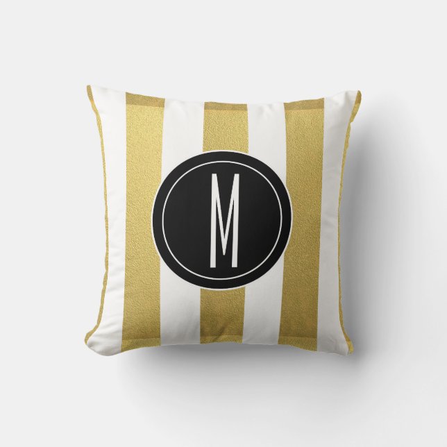 GOLD FOIL STRIPES | BLACK MONOGRAM THROW PILLOW (Front)
