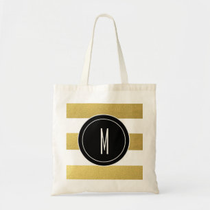 GOLD FOIL STRIPES BLACK MONOGRAM TOTE BAG