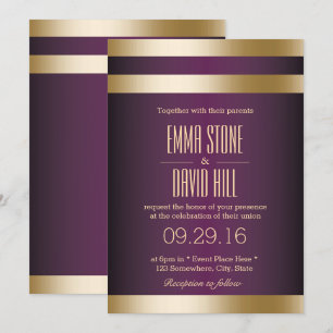 Gold Foil Stripes Dark Purple Wedding Invitation