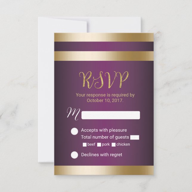 Gold Foil Stripes Elegant Purple Wedding RSVP (Front)
