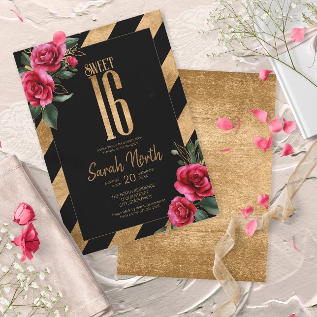 Gold Foil Stripes Floral Black ID757 Invitation (Creator Uploaded)