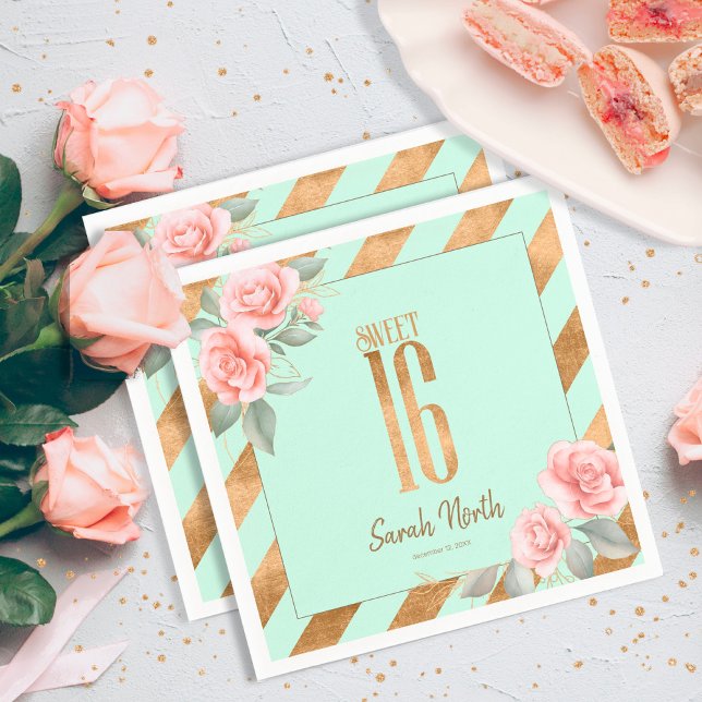 Gold Foil Stripes Floral Mint Green ID757 Napkin (Creator Uploaded)