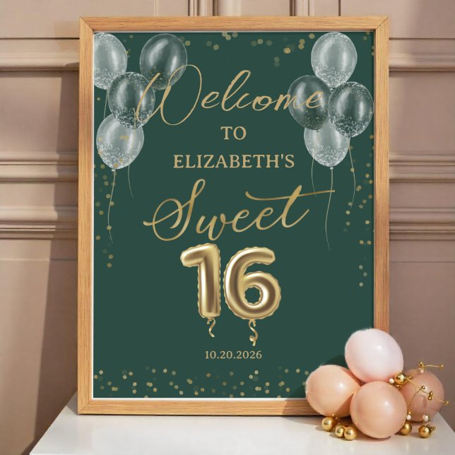 Gold Foil Sweet 16 Ballons Affiche de bienvenue ve (Créateur téléchargé)