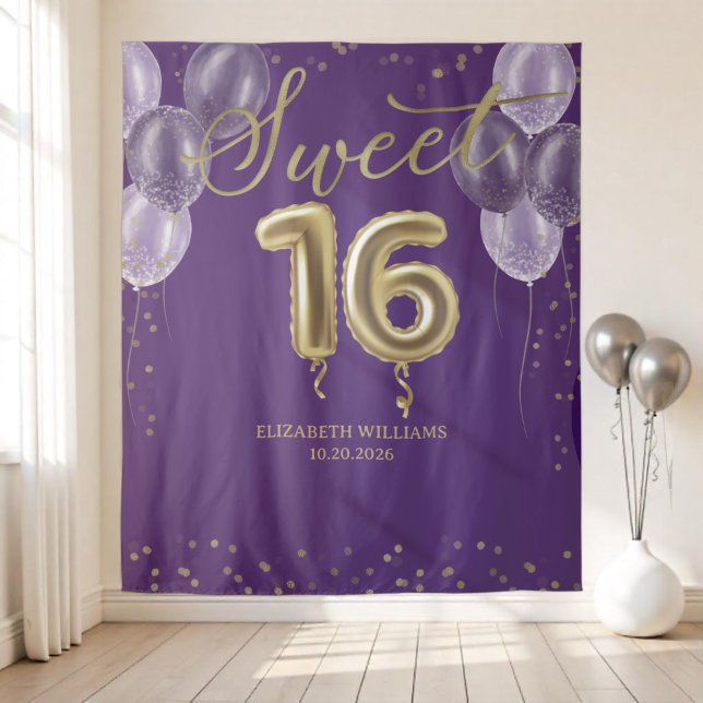 Gold Foil Sweet 16 Balloons Party Purple Backdrop Tapestry (Creator Uploaded)
