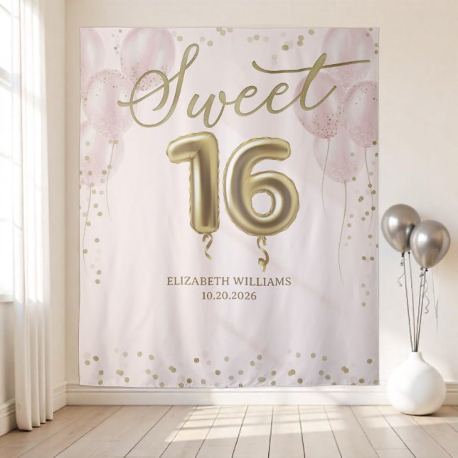Gold Foil Sweet 16 Balloons Pink Backdrop Tapestry (Creator Uploaded)