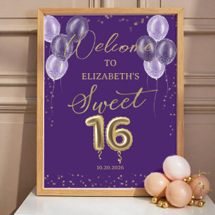 Gold Foil Sweet 16 Balloons Purple Welcome Sign
