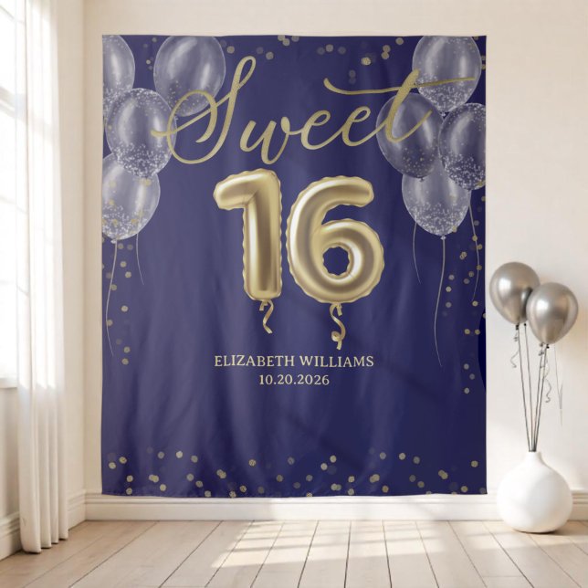 Gold Foil Sweet 16 Balloons Royal Blue Backdrop Tapestry (Creator Uploaded)