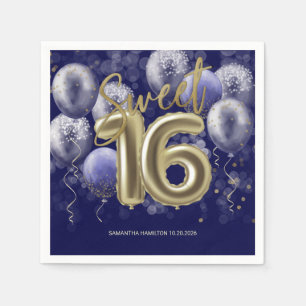 Gold Foil Sweet 16 Bday Balloons Party Royal Blue Napkin