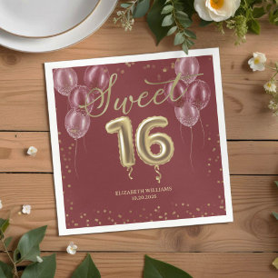 Gold Foil Sweet 16 Birthday Balloons Burgundy Napk Napkin