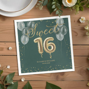 Gold Foil Sweet 16 Birthday Balloons Party Green Napkin