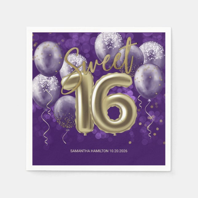 Gold Foil Sweet 16 Birthday Balloons Party Purple Napkin (Front)