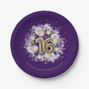 Gold Foil Sweet 16 Birthday Balloons Party Purple Paper Plate