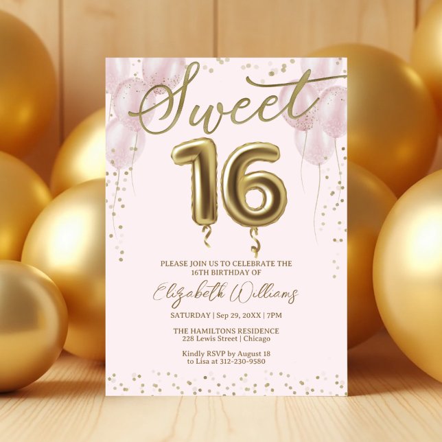 Gold Foil Sweet 16 Birthday Balloons Pink Invitation (Creator Uploaded)