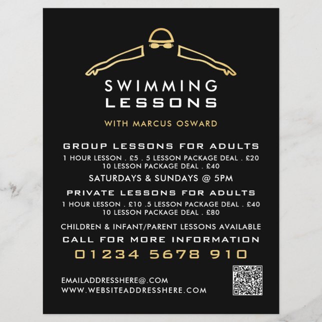 Gold Foil Swimmer Icon, Swimming Lesson Advert Flyer (Front)