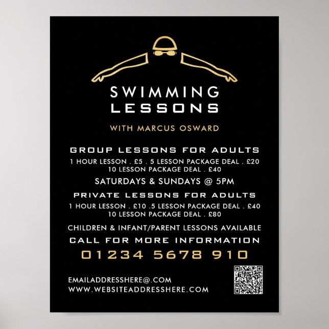 Gold Foil Swimmer Icon, Swimming Lesson Advert Poster (Front)